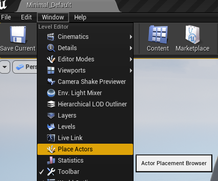 Navigating the UE4 Menu to find the Place Actors Window Navigating the UE4 Menu to find the Place Actors Window