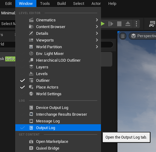 Navigating the UE5 Menu to find the Output Log Window