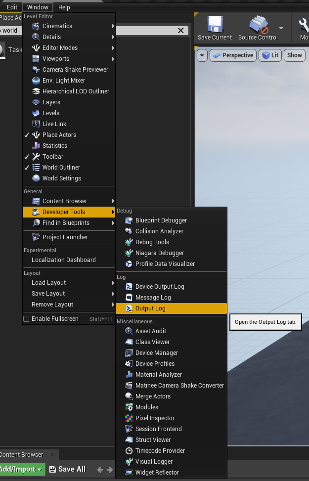 Navigating the UE4 Menu to find the Output Log Window Navigating the UE4 Menu to find the Output Log Window